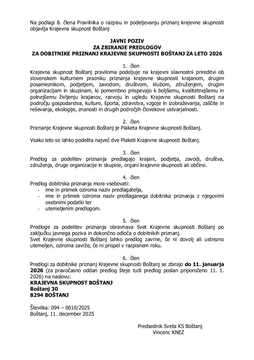 Razpis za priznanja KS Boštanj 2026